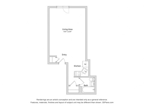 Floor plan for studio, 1 bath, 301 sqft